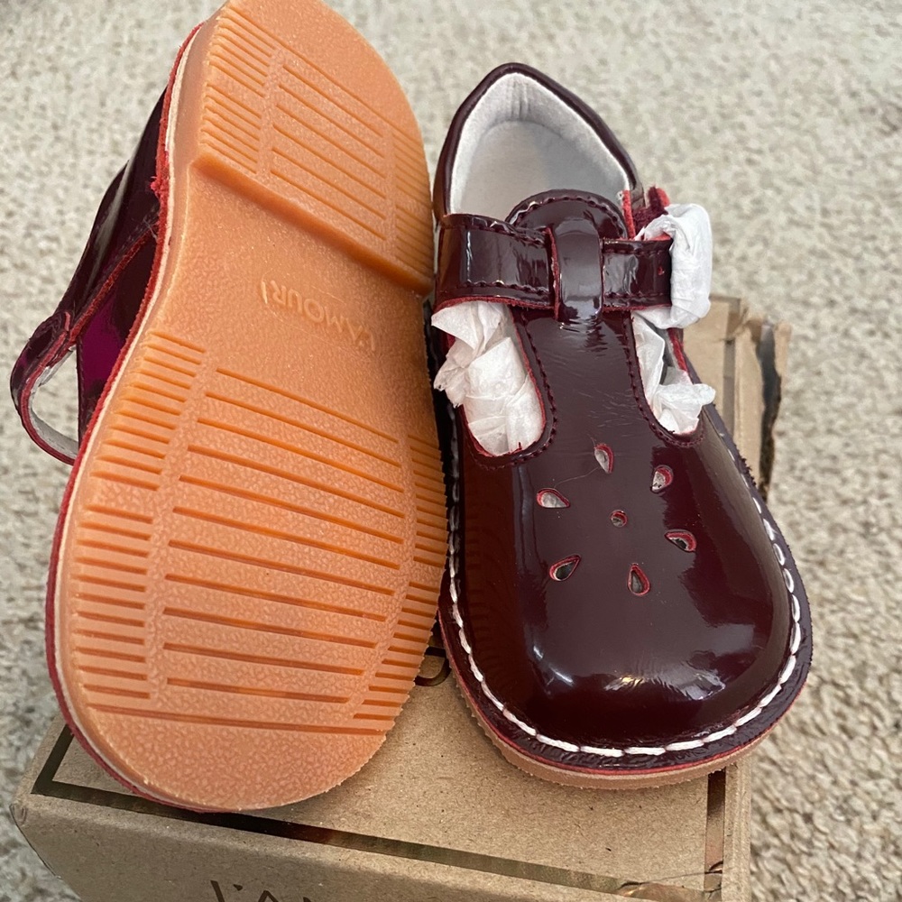 L’Amour patent leather burgundy t-strap